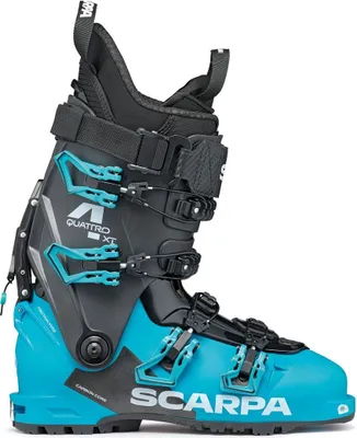 Skischuh "4-Quattro XT" von Scarpa in Schwarz und Türkis mit mehreren Schnallen.