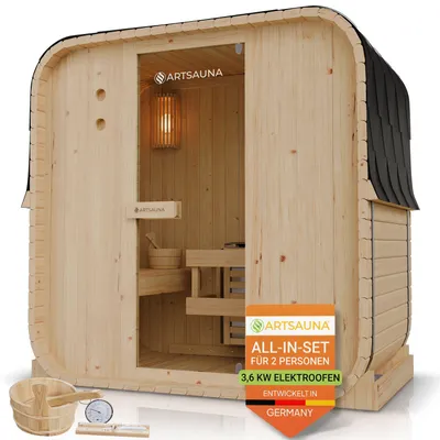 Produktbild von Artsauna Fasssauna Nolvik M, mit 3,6 kW Ofen & Zubehör für Garten, Cube Design