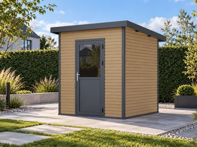 Produktbild von Linholm WPC Gartenhaus Linia 2020 inkl. Dachrinnen-Set, Natur-Beige/Anthrazit