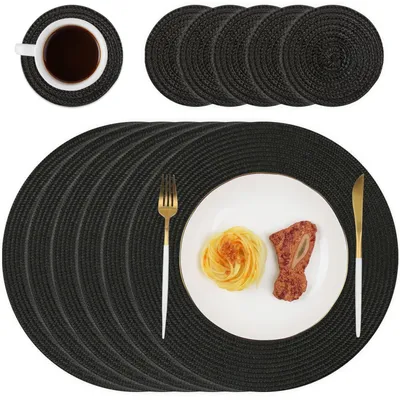 Immagine prodotto di Set di 6 sottopiatti e sottobicchieri rotondi - Sottopiatti intrecciati per la sala da pranzo (neri)