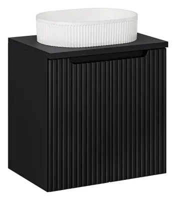 A black bathroom vanity with a white sink on top, set against a white background.