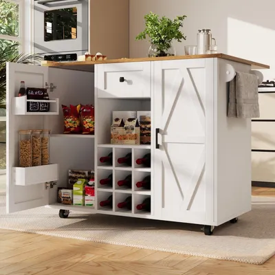 Image de Îlot de cuisine avec plan de travail rabattable, chariot de service sur roulettes, blanc, 118 x 40-65 x 95,6 cm