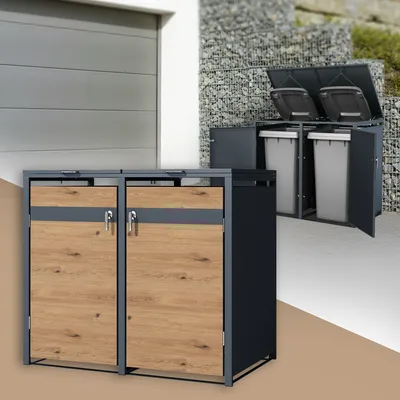 Zdjęcie produktu dla ML-Design pojemnik na 2 kosze 240L 132x80x116.3cm antracytowy dąb, stal, odporny na warunki atmosferyczne/zamykany na klucz