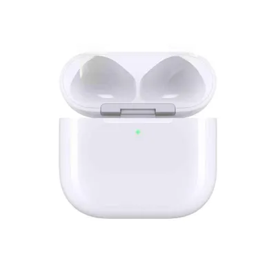 An open white charging case for wireless earbuds, with a small green indicator light on the front.