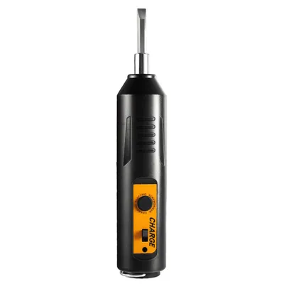A black electric screwdriver with an orange control panel and a silver bit is shown against a white background.