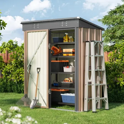 Produktbild von BEALIFE Metall Gartenhaus  | Wetterfester Geräteschuppen 160x95x180 cm für Gartenwerkzeug & Outdoor-Zubehör | Farbe: grau/grün/braun | CC21