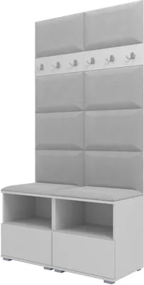 A white and light gray hall tree with a padded backrest, coat hooks, and shoe storage compartments.