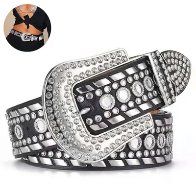 Produktbild von Strass Gürtel für Männer Frauen Western Cowboy Cowgirl Nieten Ledergürtel für Jeans Hosen,Black