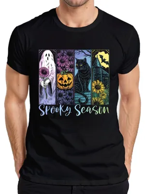 Imagen del producto de Camiseta de hombre, color , talla XXL, con motivos de Halloween: calabaza, gato , fantasma, otoño, y elementos de terror