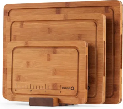 Image de Ensemble de planches à découper en bambou - Set de planches à découper - Préparation des aliments en cuisine - Graduations intégrées - 3 pièces de 40x30 cm - Bambou naturel
