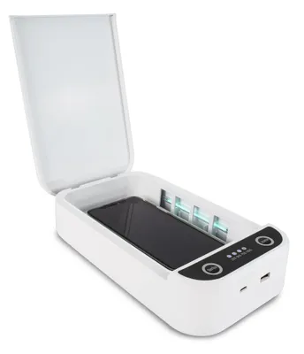 A white UV sterilizer box with a smartphone inside, lid open, showing the UV lights.