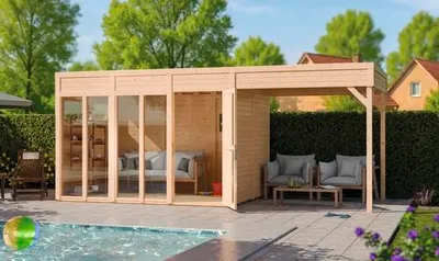 Produktbild von Gartenhaus Bertilo Cubus 3 Poolhouse inkl. Bodenplatte, Schleppdach 582 x 240 cm natur
