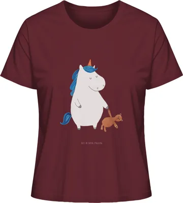 Produktbild von Mr. & Mrs. Panda Oberteil Damen Einhorn Teddy Größe M - Burgundy - Geschenk, Rundhals T-Shirt, Unicorn, Basic, Gute Nacht, Freundin, Frauen, schlafen, Einhörner, Shirt