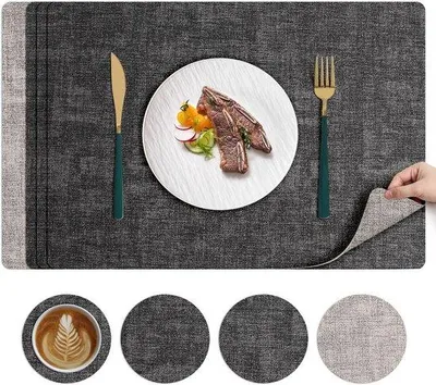 Image de Set de table et dessous de verre antidérapants - réversibles - PVC - marron - 43 x 30 cm - lot de 6 pièces