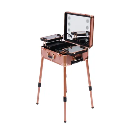 Obrázek produktu pro Kosmetický vozík s nastavitelnými nohami a tříbarevným LED osvětlením Zrcadlo toaletního stolku Organizér na make-up (růžově zlatý) pro dámy dívky