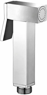 A close-up studio shot of a silver-colored bidet sprayer.