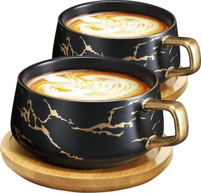 Produktbild von 2 x Cappuccinotassen mit Untertasse Marmortasse 300ml Porzellan Espressotassen für Tee, Kaffee, Cappuccino, Kaffeetassen mit Holzuntertasse (Schwarz x 2)