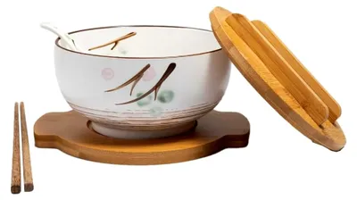 Produktbild von Große asiatische Porzellanschale - Suppe & Nudeln - Weiß - Durchmesser 16 cm - Japanischer Zen-Stil - Fassungsvermögen 1000 ml - Löffel, Essstäbchen und Ständer