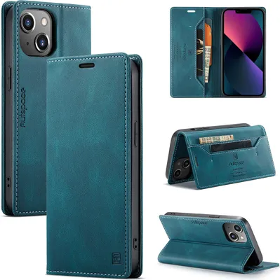 Produktbild von iPhone 14 Brieftasche Hülle, Retro Kunstledertasche Stand Schutzhülle für iPhone 14 Blau
