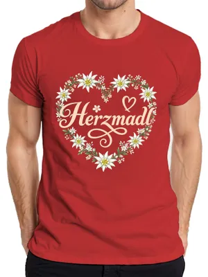 Productafbeelding van Herzmadl Edelweiss Bloemhart, traditionele kleding, Beieren, , lederen broek, Alpen, heren T-shirt, rood, maat L