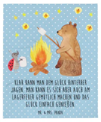 Produktbild von Mr. & Mrs. Panda Decke Bär & Marienkäfer Lagerfeuer - Blau Pastell - Geschenk, Tagesdecke, Teddy, Bettüberwurf, Couchdecke, Kuscheldecke, Bettdecke