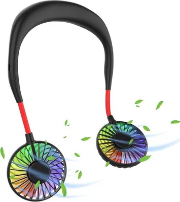 Produktbild von portabel Halsventilator, schwarz/rot, 3 Geschwindigkeiten, LED-Licht, für Outdoor, Innen, Camping, Reisen, Sport