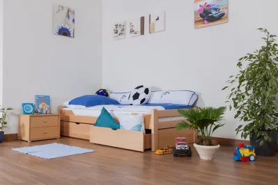 Produktbild von Kinderbett 90 x 200 cm | Massivholz: Buche | Natur Lackiert | inkl. 2 Schubladen und Lattenrost