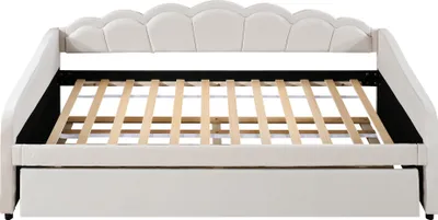 Produktbild von Flieks Schlafsofa Sofabett 90x200cm mit LED, Polsterbett Jugendbett Einzelbett mit Ausziehbett 90x190cm, Tagesbett Gästebett Funktionsbett, Samt Beige