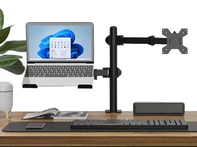 Immagine prodotto di Supporto girevole a 360° per laptop, supporto per monitor, dotato di clip per la gestione dei cavi, supporto regolabile