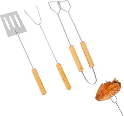 Image de Set de barbecue 3 pièces, ustensiles de barbecue en acier inoxydable – avec manche en bois, pince à barbecue, fourchette à barbecue, accessoires de barbecue, idéal pour l'été