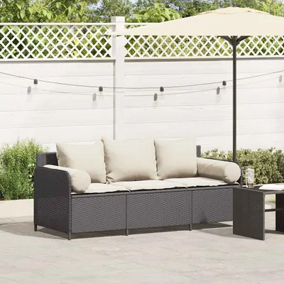Produktbild von Gartensofa mit Kissen 3-Sitzer Schwarz Poly Rattan, Gartensofas DesignMöbel