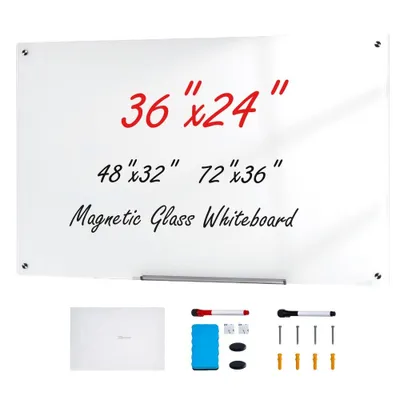 Obrázek produktu pro Magnetická skleněná tabule - Suchá stíratelná tabule - 90 x 60 cm - Nástěnná tabule z bílého skla - Součástí dodávky je zásobník na pera, guma, 2 pera - Magnetická bílá tabule