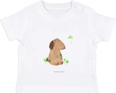 Produktbild von Mr. & Mrs. Panda Organic Baby Shirt Hund Kleeblatt 12. - 18. Monat - Weiß - Geschenk, Babyshirt, Top, Kleinkind, Achtsamkeit, Sprüche, Glück, , Viel, T-Shirt