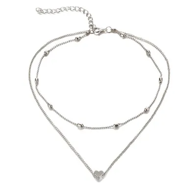 Produktbild von Layer Halskette Damen silberfarben – filigrane Doppelkette mit Herz, J0712