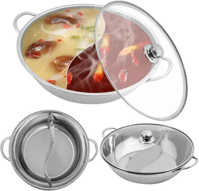 Produktbild von Edelstahl Hot Pot mit Trennwand und Glasdeckel, geteilte Pfanne für Hotpot, 34 cm