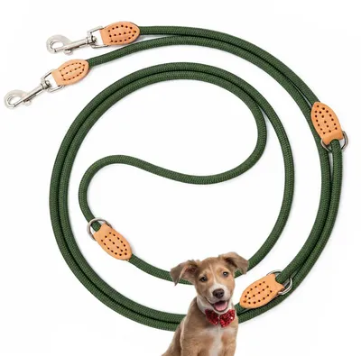 Immagine prodotto di Guinzaglio multifunzione regolabile per cani, 3 metri, nylon e pelle, colore verde oliva