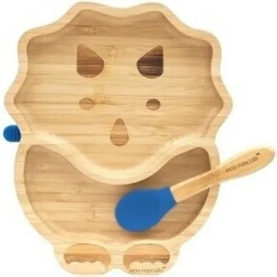 Imagen del producto de Plato de bambú con diseño de dinosaurio, color azul, marca "Eco Darebaci"