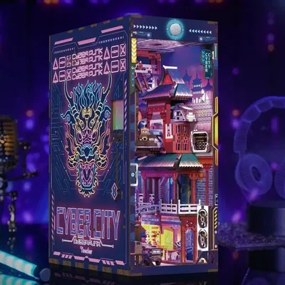 Zdjęcie produktu dla Miniaturowy domek Book Nook - Cyber City - Puzzle 3D - 284 elementy - Drewniany domek miniaturowy - z oświetleniem LED