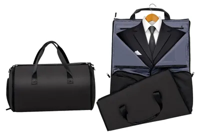 Produktbild von 2-in-1 Handgepäcktasche und Kleiderhängetasche, 50L wasserdichte Reisetasche mit Schuhfach und verstellbarem Schultergurt, PolyurethanKleidertasche für Geschäftsreisen und Urlaub (Schwarz)
