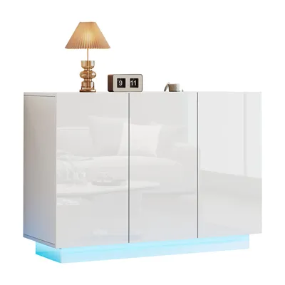 Produktbild von STILVORA Sideboard Hochglanz mit verstellbaren Regale,Beistellschrank mit Sockel LED-Licht,Esszimmerschrank mit öffnen&schließen Türen,Weiß