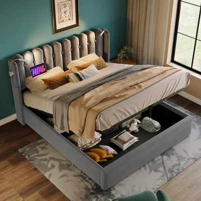 Image de Sweiko Lit double rembourré Lit de lecture avec fonction de chargement Tête de lit Espace de rangement Cadre de lit Velours Lit d'adolescent 140x200 avec sommier à lattes,Gris(Sans matelas)