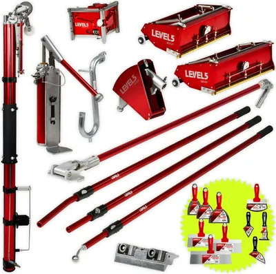A collection of drywall finishing tools, including a loading pump, mud pans, corner tools, and various handles and blades, arranged on a white background.