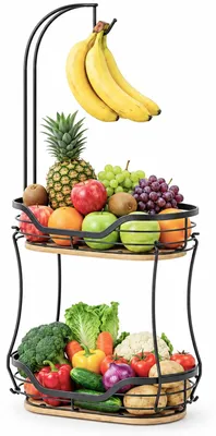 2-stufiger Obstkorb schwarz mit Bananenhalter, Metall, Bambusböden