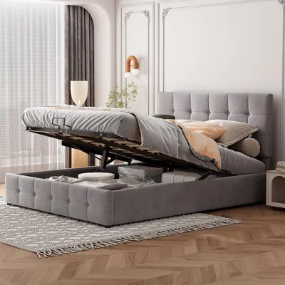 Produktbild von Polsterbett 140x200cm mit hydraulischem Bettkasten, Samtbezug, höhenverstellbarem Kopfteil und Metalllattenrost für Schlafzimmer