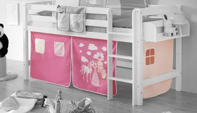 A child's loft bed with pink curtains and a peach tent underneath, featuring a princess and horse graphic on one curtain.