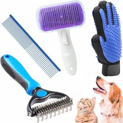 Productafbeelding van Hondenverzorgingsset met zelfreinigende borstel, haarverwijderaar, massagehandschoenen en kam - 4 stuks