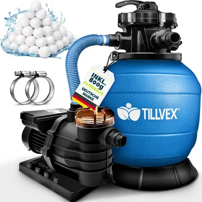 Immagine prodotto di tillvex sistema di filtraggio a sabbia per piscina 10 m³/h incl. 800 g di sfere filtranti blu | sistema di filtraggio valvola a 7 vie & adattatore 2in1 Ø32mm - 38mm | filtro per piscina con indicatore di pressione | filtro a sabbia per piscine