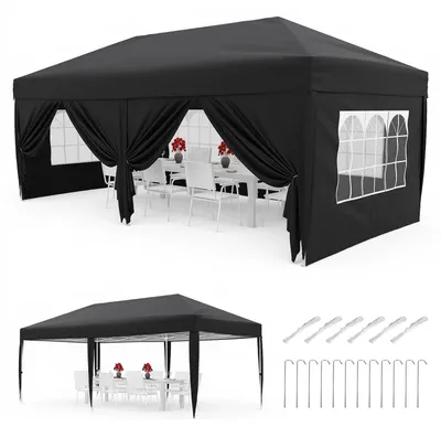Obrázok produktu pre Sklápateľný pavilón 3x6 m - párty stan - vodotesná tkanina Oxford 420D - odnímateľné bočné steny - výškovo nastaviteľný - čierna farba