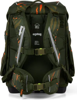The back of a green and orange patterned backpack with straps and buckles.