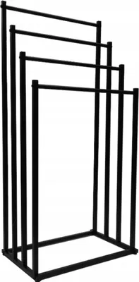 A black metal towel rack with four horizontal bars of varying lengths, arranged in a tiered fashion.